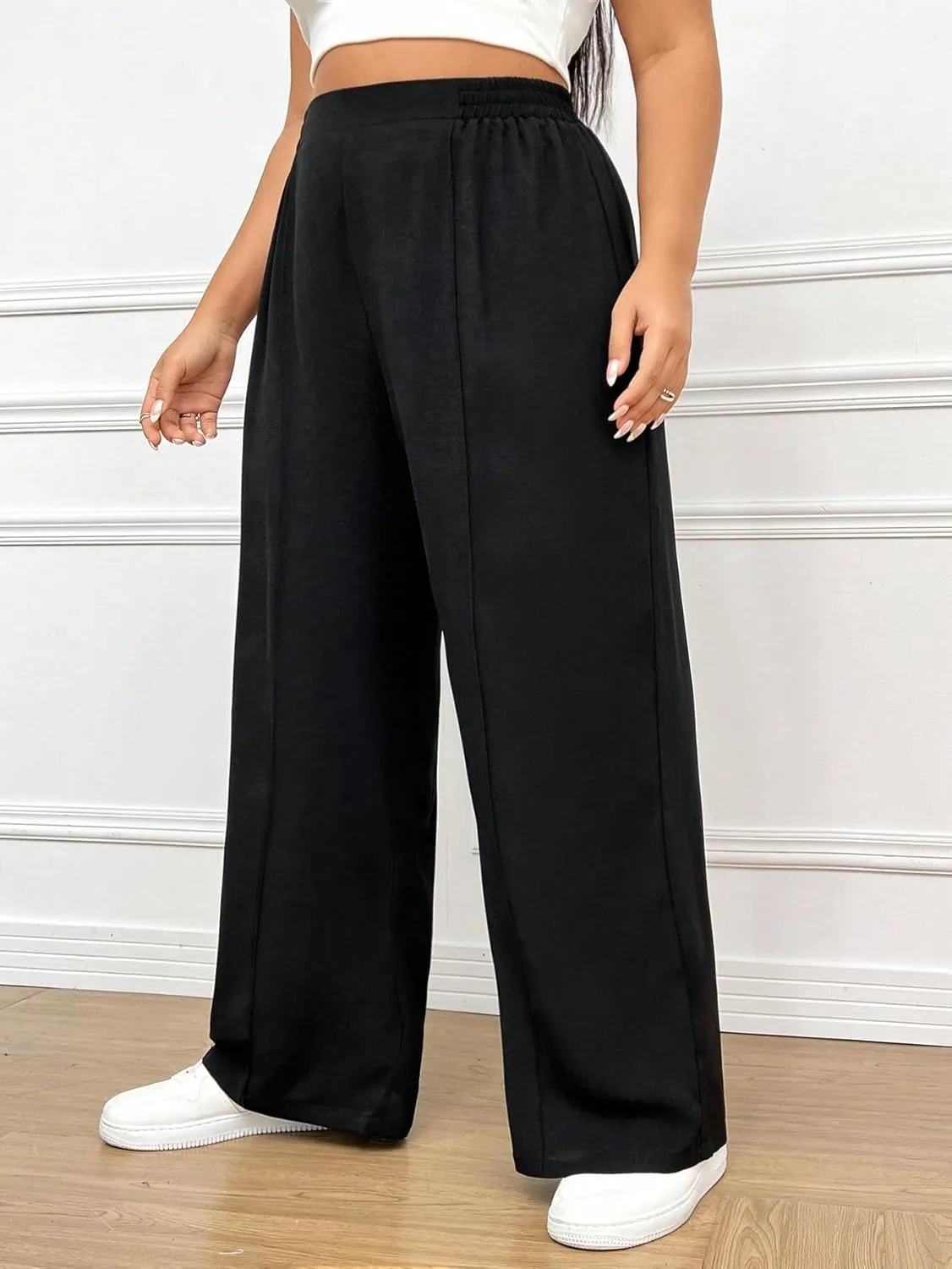 Floerns Women's Plus Size Elastic High Waist Pants Wide Leg Loose Fit Casual Trousers