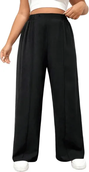 Floerns Women's Plus Size Elastic High Waist Pants Wide Leg Loose Fit Casual Trousers