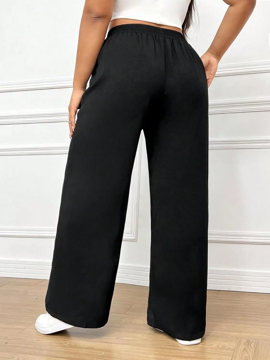 Floerns Women's Plus Size Elastic High Waist Pants Wide Leg Loose Fit Casual Trousers