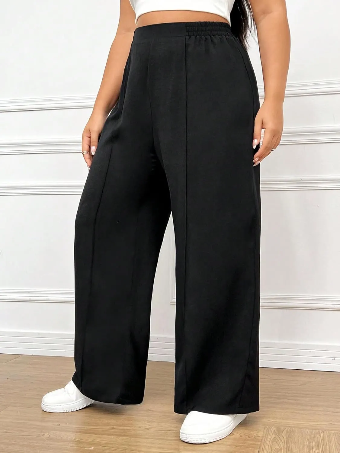 Floerns Women's Plus Size Elastic High Waist Pants Wide Leg Loose Fit Casual Trousers