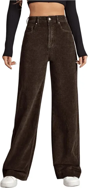 Floerns Women's Vintage Corduroy High Waist Trouser Wide Leg Pants with Pockets