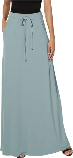 Flowy Plus Size Maxi Skirts for Women Elastic High Waisted Ankle Length Skirt Stretch A Line Drawstring Dress