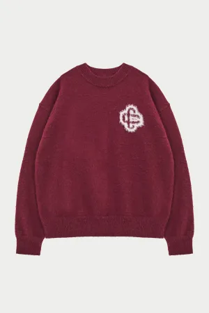 FLUFFY EMBLEM KNIT CREW - BURGUNDY