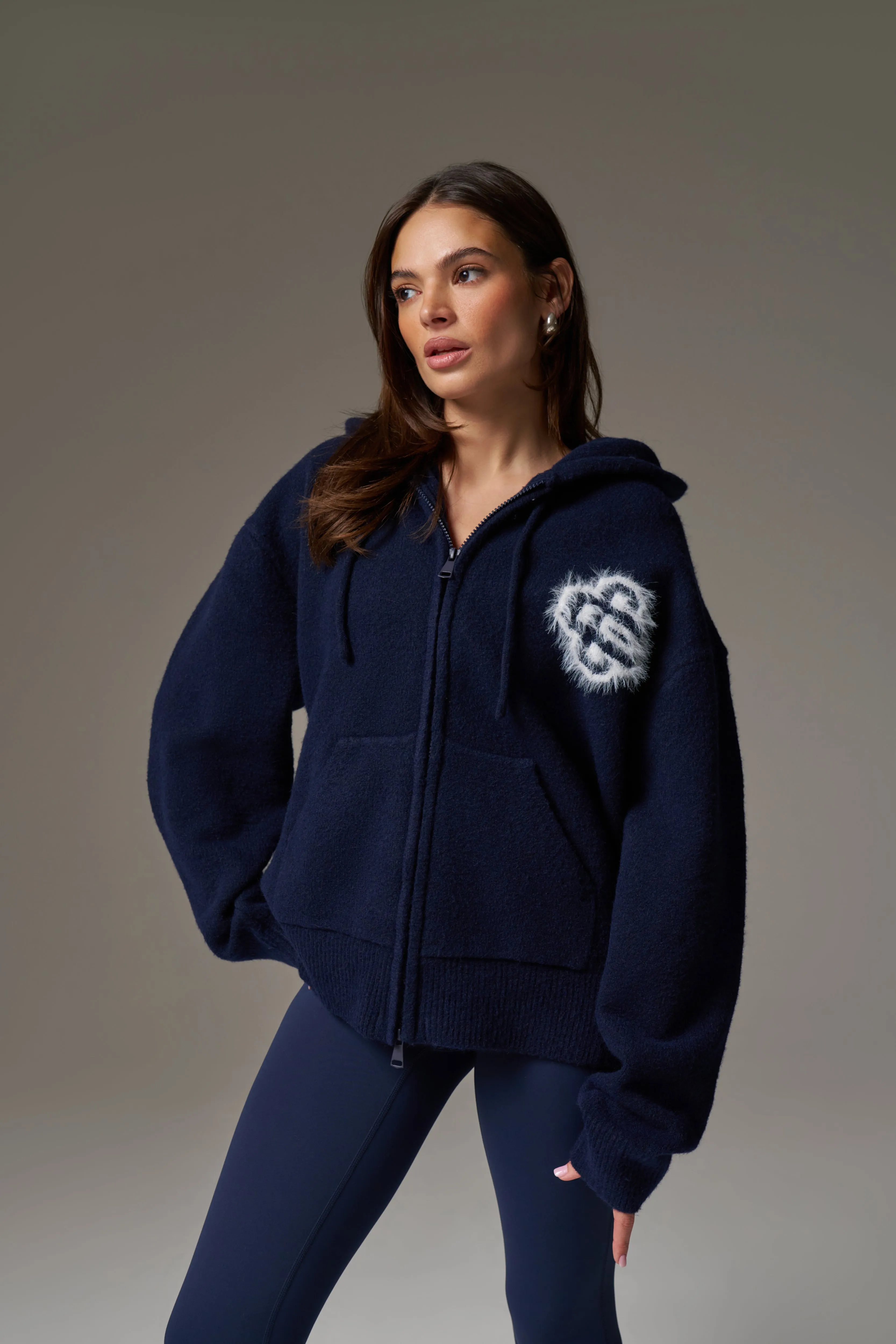 FLUFFY EMBLEM ZIP THROUGH KNITTED HOODIE - NAVY