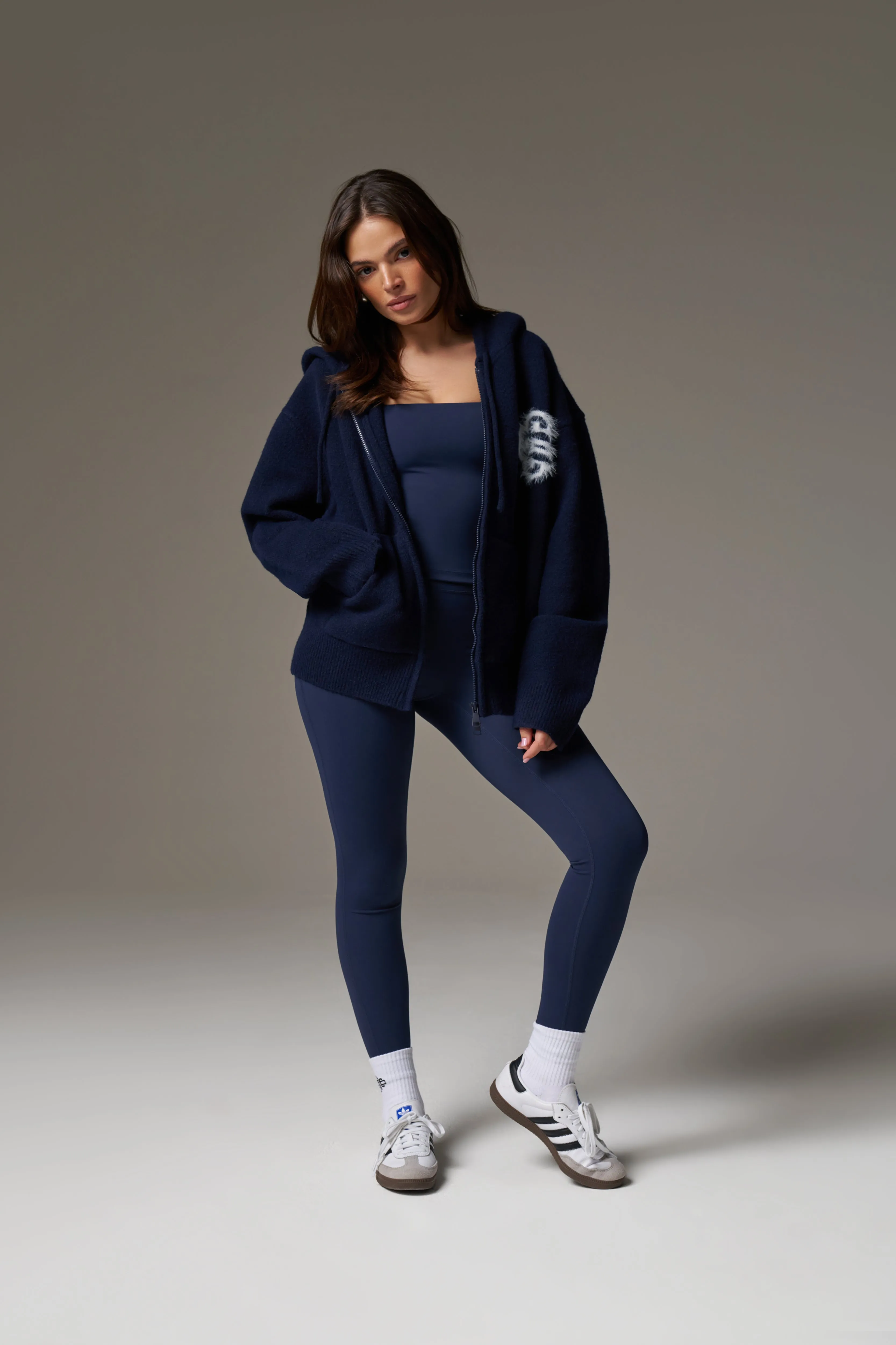 FLUFFY EMBLEM ZIP THROUGH KNITTED HOODIE - NAVY