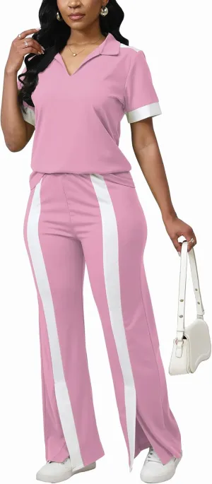 Fooullaide Women's Lounge 2 Peice Outfit Dressy Casual Short Sleeve Flared Slit Wide Leg Pants Set Match Sweatsuit
