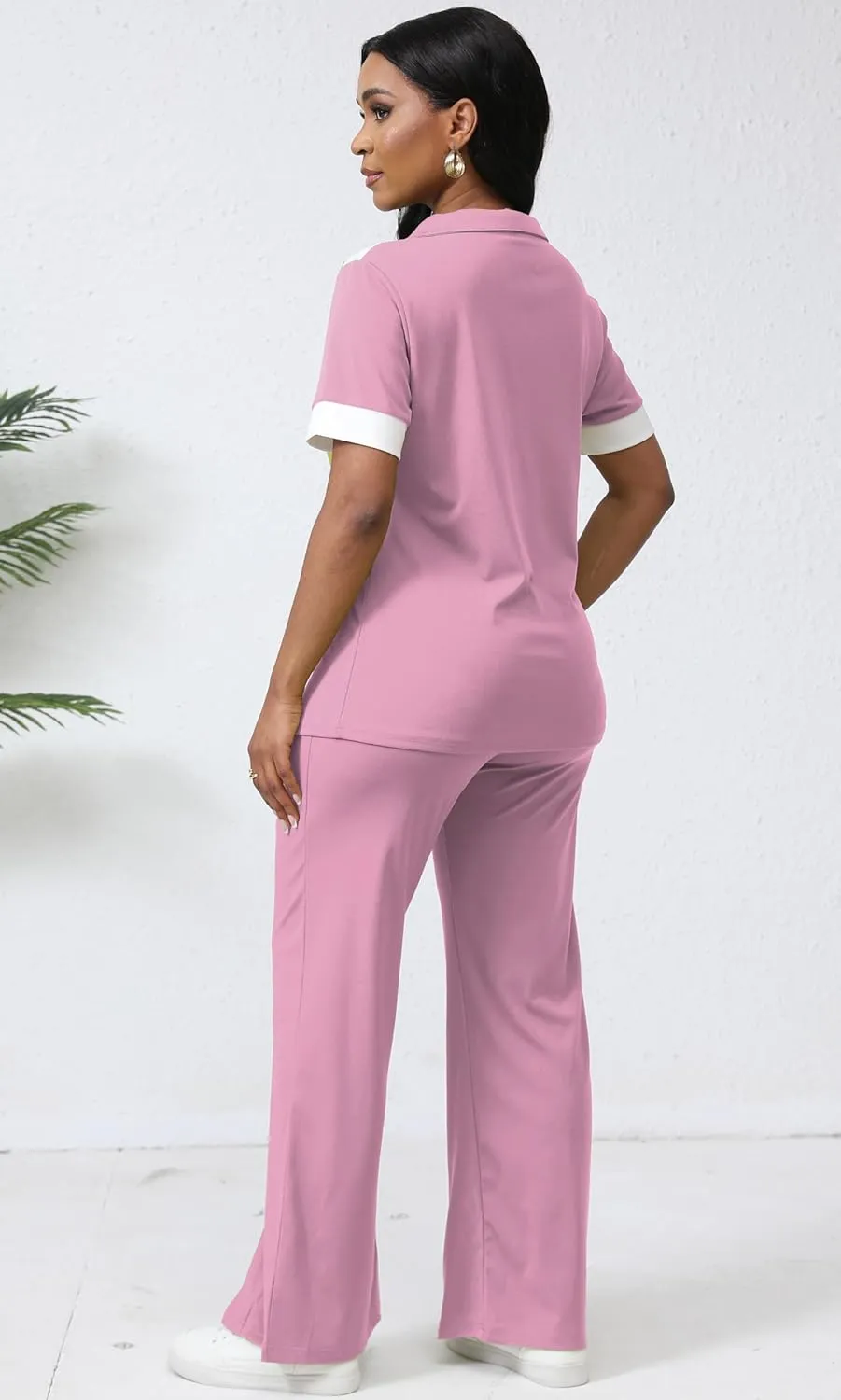 Fooullaide Women's Lounge 2 Peice Outfit Dressy Casual Short Sleeve Flared Slit Wide Leg Pants Set Match Sweatsuit