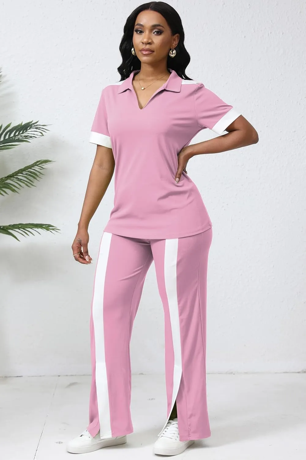 Fooullaide Women's Lounge 2 Peice Outfit Dressy Casual Short Sleeve Flared Slit Wide Leg Pants Set Match Sweatsuit