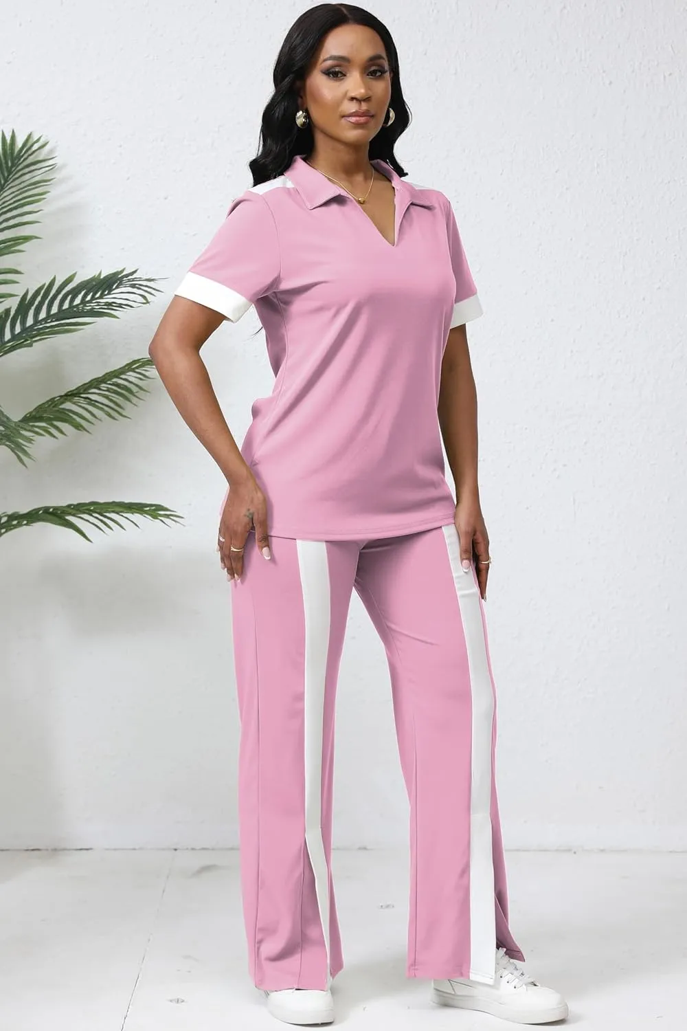 Fooullaide Women's Lounge 2 Peice Outfit Dressy Casual Short Sleeve Flared Slit Wide Leg Pants Set Match Sweatsuit