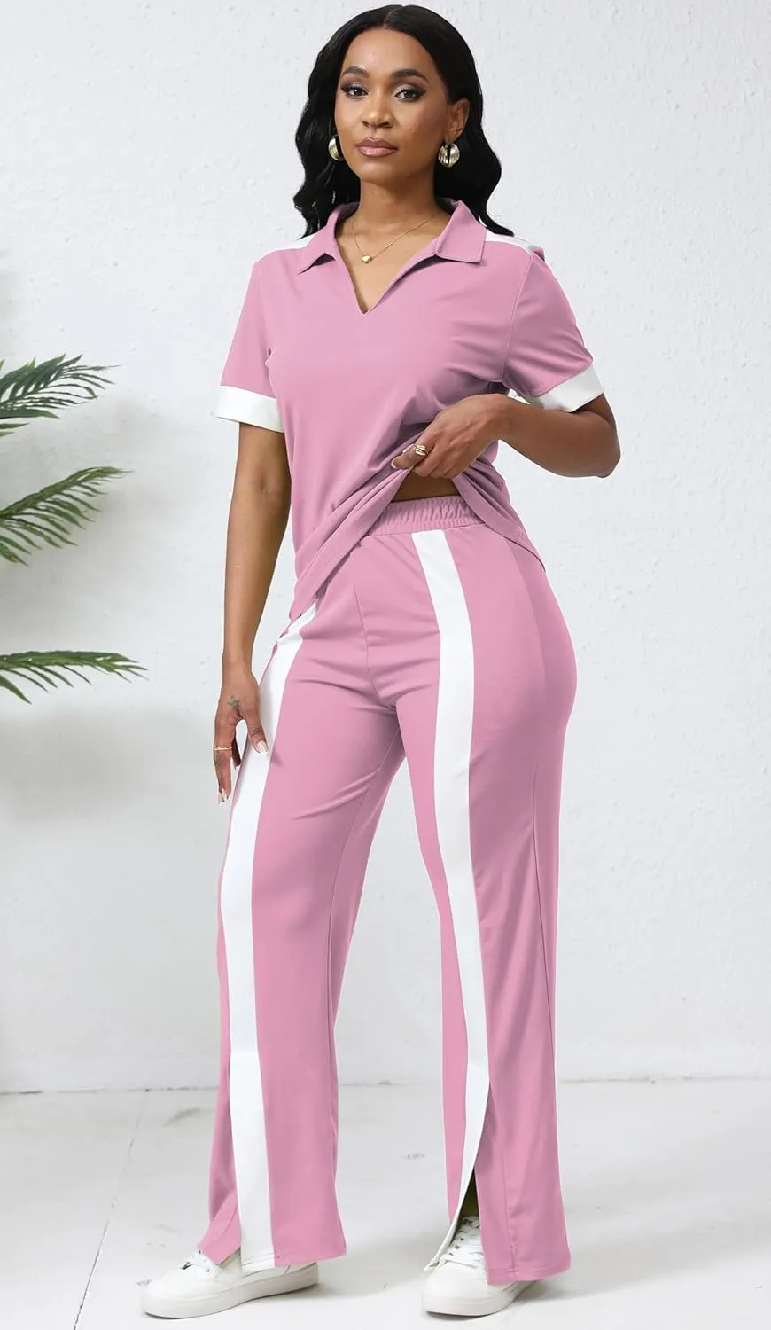 Fooullaide Women's Lounge 2 Peice Outfit Dressy Casual Short Sleeve Flared Slit Wide Leg Pants Set Match Sweatsuit