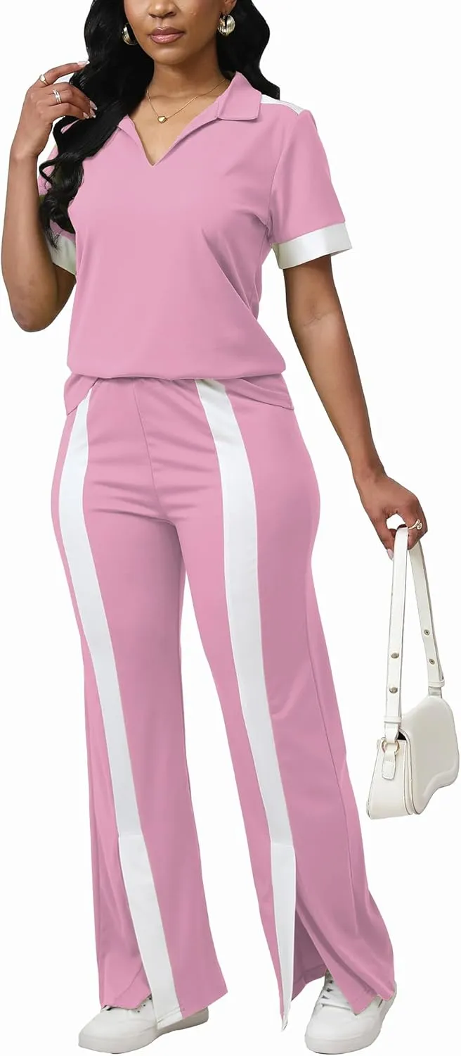 Fooullaide Women's Lounge 2 Peice Outfit Dressy Casual Short Sleeve Flared Slit Wide Leg Pants Set Match Sweatsuit