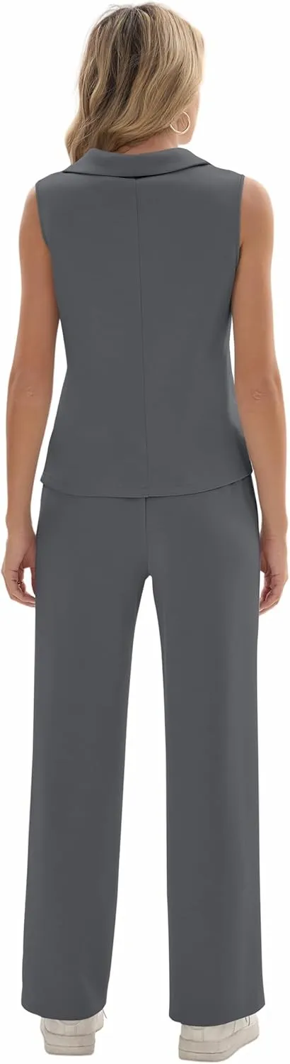 FUNYYZO Women's 2 Piece Outfits Lounge Sets Casual Sleeveless Summer V-Neck Dressy Collared Tracksuit Lounge