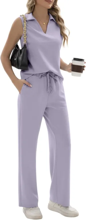 FUNYYZO Women's 2 Piece Outfits Lounge Sets Casual Sleeveless Summer V-Neck Dressy Collared Tracksuit Lounge