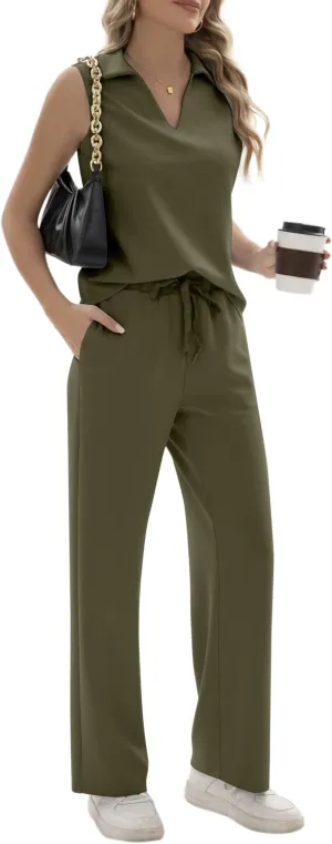 FUNYYZO Women's 2 Piece Outfits Lounge Sets Casual Sleeveless Summer V-Neck Dressy Collared Tracksuit Lounge