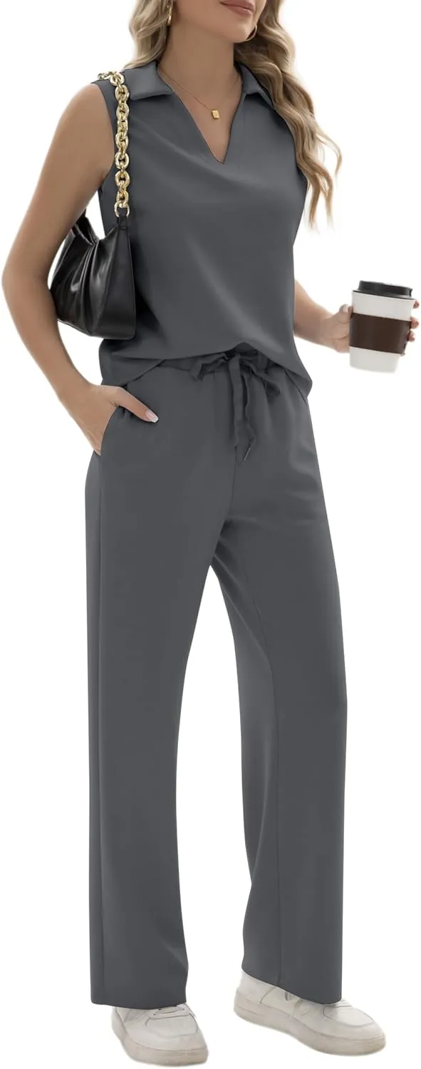 FUNYYZO Women's 2 Piece Outfits Lounge Sets Casual Sleeveless Summer V-Neck Dressy Collared Tracksuit Lounge