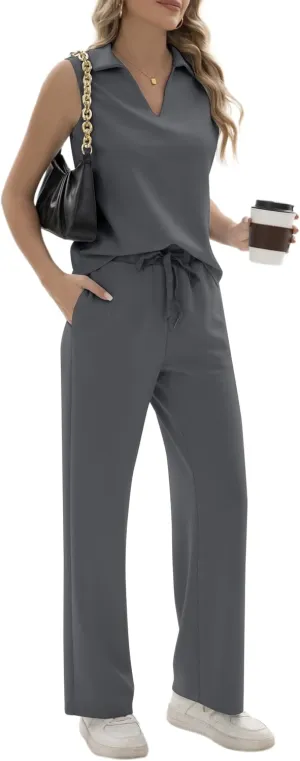 FUNYYZO Women's 2 Piece Outfits Lounge Sets Casual Sleeveless Summer V-Neck Dressy Collared Tracksuit Lounge