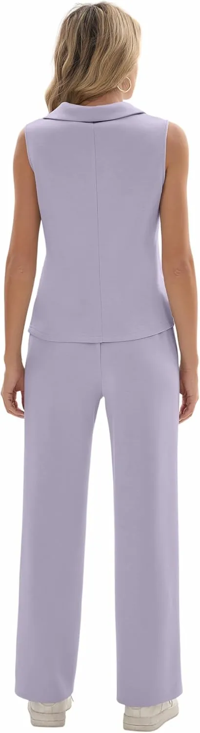 FUNYYZO Women's 2 Piece Outfits Lounge Sets Casual Sleeveless Summer V-Neck Dressy Collared Tracksuit Lounge