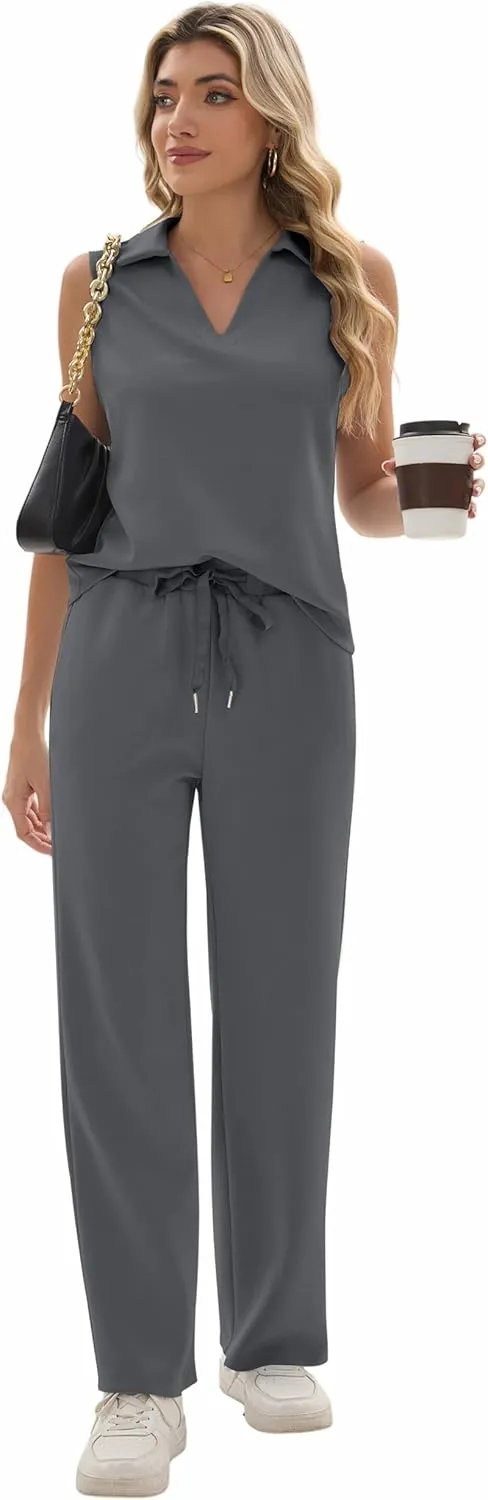 FUNYYZO Women's 2 Piece Outfits Lounge Sets Casual Sleeveless Summer V-Neck Dressy Collared Tracksuit Lounge