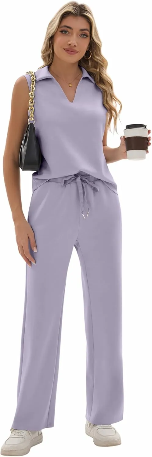 FUNYYZO Women's 2 Piece Outfits Lounge Sets Casual Sleeveless Summer V-Neck Dressy Collared Tracksuit Lounge