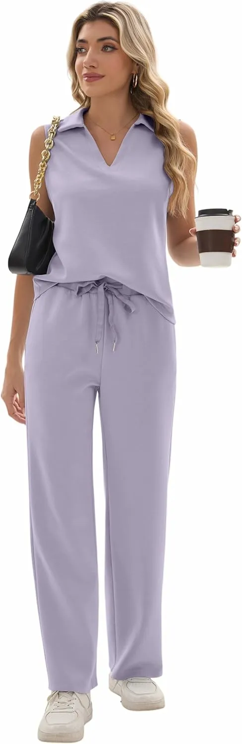 FUNYYZO Women's 2 Piece Outfits Lounge Sets Casual Sleeveless Summer V-Neck Dressy Collared Tracksuit Lounge