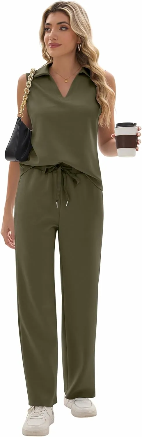 FUNYYZO Women's 2 Piece Outfits Lounge Sets Casual Sleeveless Summer V-Neck Dressy Collared Tracksuit Lounge