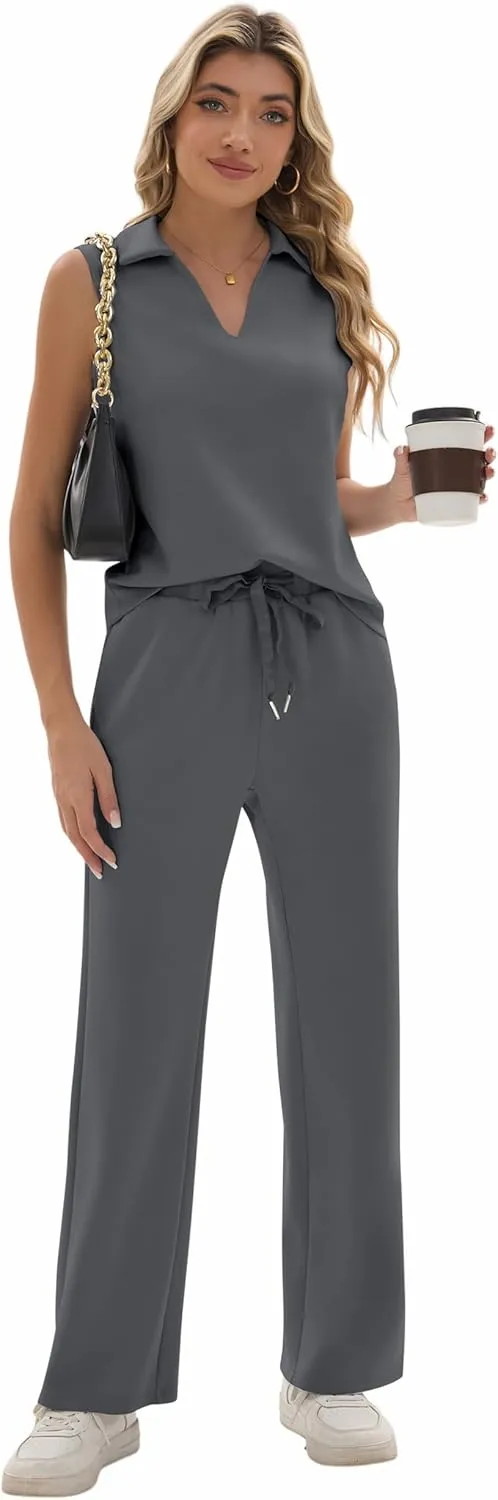 FUNYYZO Women's 2 Piece Outfits Lounge Sets Casual Sleeveless Summer V-Neck Dressy Collared Tracksuit Lounge