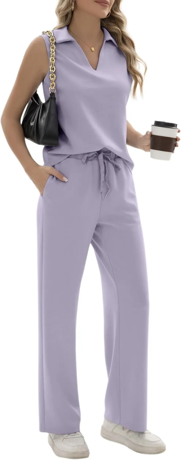 FUNYYZO Women's 2 Piece Outfits Lounge Sets Casual Sleeveless Summer V-Neck Dressy Collared Tracksuit Lounge