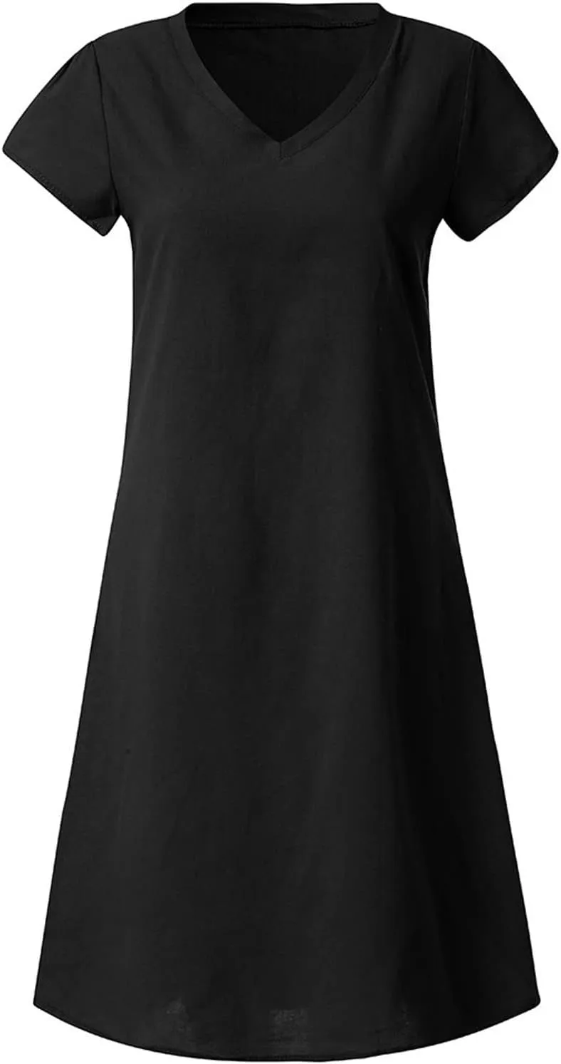 FZYLQY Womens Slim Dresses 2024 Ladies Summer Solid Cotton Linen Dress Short Sleeve V-Neck Dress Plus Size Mid-Calf Dress