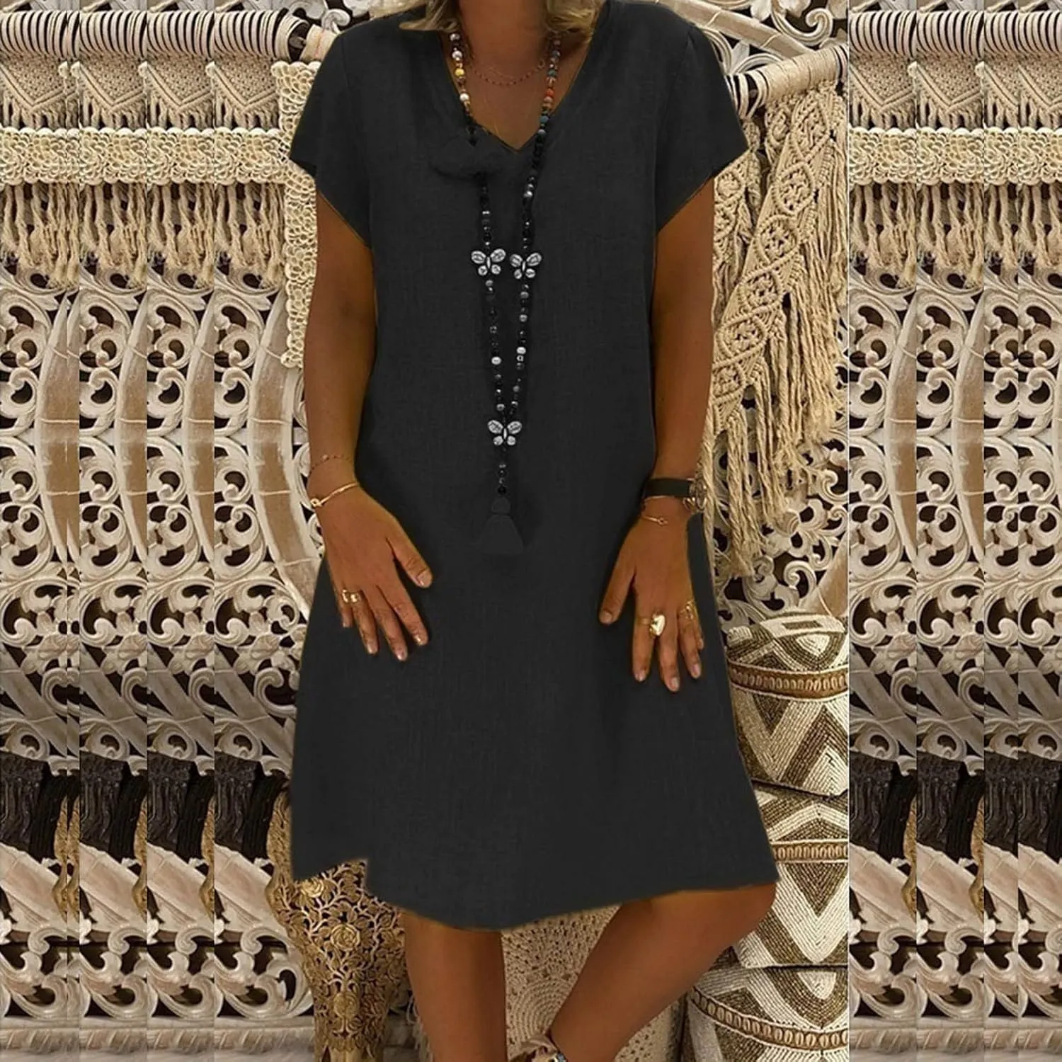 FZYLQY Womens Slim Dresses 2024 Ladies Summer Solid Cotton Linen Dress Short Sleeve V-Neck Dress Plus Size Mid-Calf Dress