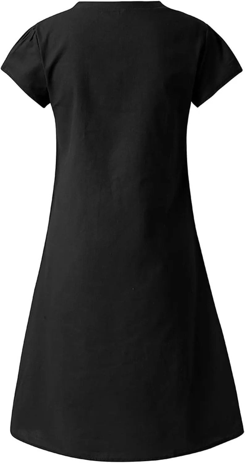 FZYLQY Womens Slim Dresses 2024 Ladies Summer Solid Cotton Linen Dress Short Sleeve V-Neck Dress Plus Size Mid-Calf Dress