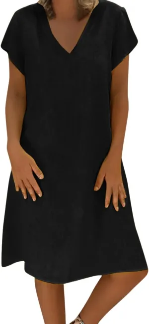 FZYLQY Womens Slim Dresses 2024 Ladies Summer Solid Cotton Linen Dress Short Sleeve V-Neck Dress Plus Size Mid-Calf Dress