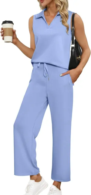 Glamaker Women's 2 Piece Outfits Summer Sleeveless Tops Wide Leg Pants Lounge Set Sweatsuits Tracksuits with Pockets