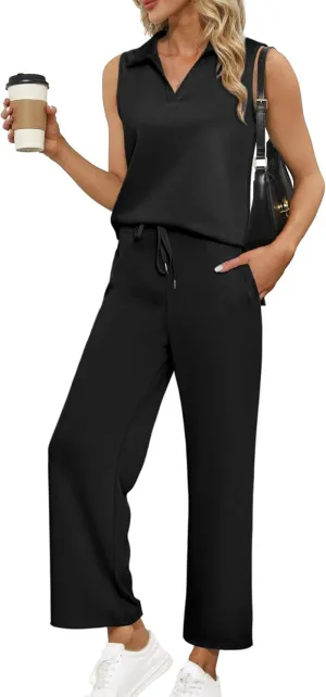 Glamaker Women's 2 Piece Outfits Summer Sleeveless Tops Wide Leg Pants Lounge Set Sweatsuits Tracksuits with Pockets