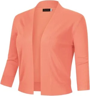 GloryStar Women's 3/4 Sleeve Open Front Cropped Cardigan Sweater Lightweight Knit Short Shrugs (S, Baby Peach)