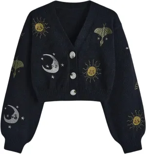 GORGLITTER Women's Embroidered Button Down Cropped Cardigan Long Lantern Sleeve V Neck Knitted Sweater Coat