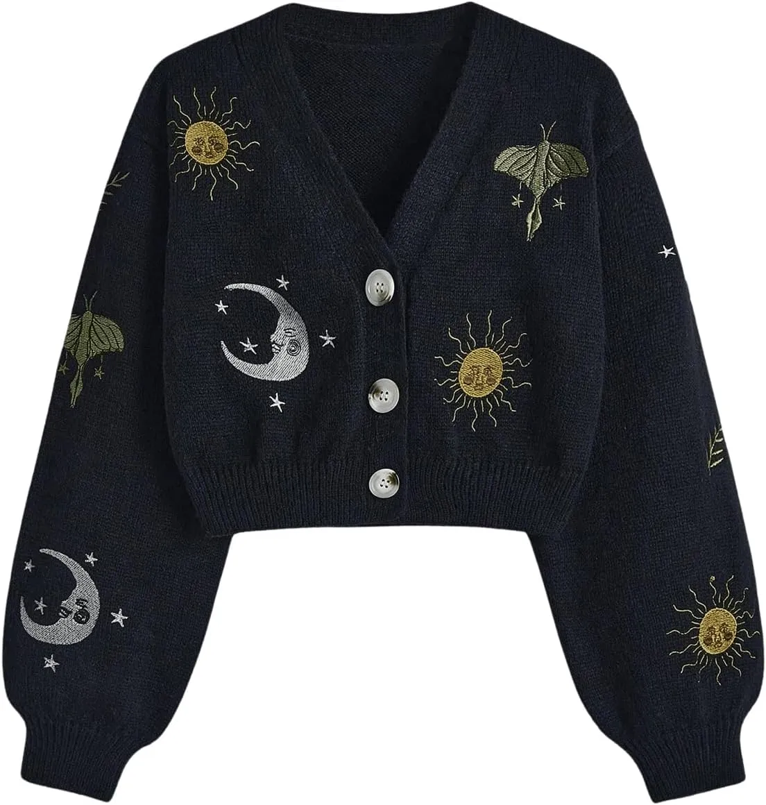 GORGLITTER Women's Embroidered Button Down Cropped Cardigan Long Lantern Sleeve V Neck Knitted Sweater Coat