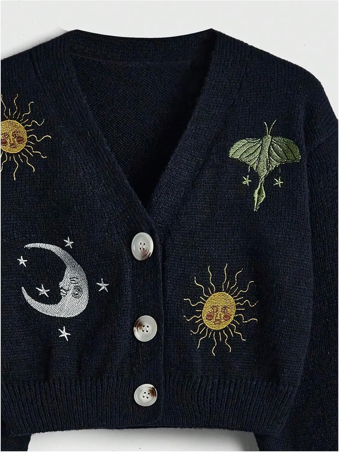 GORGLITTER Women's Embroidered Button Down Cropped Cardigan Long Lantern Sleeve V Neck Knitted Sweater Coat