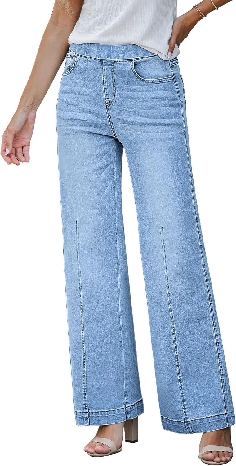 GRAPENT Pull On Womens Jeans Baggy Stretchy High Waisted Denim Wide Leg Trouser Pants Trendy Front Seam 90s Loose Jean