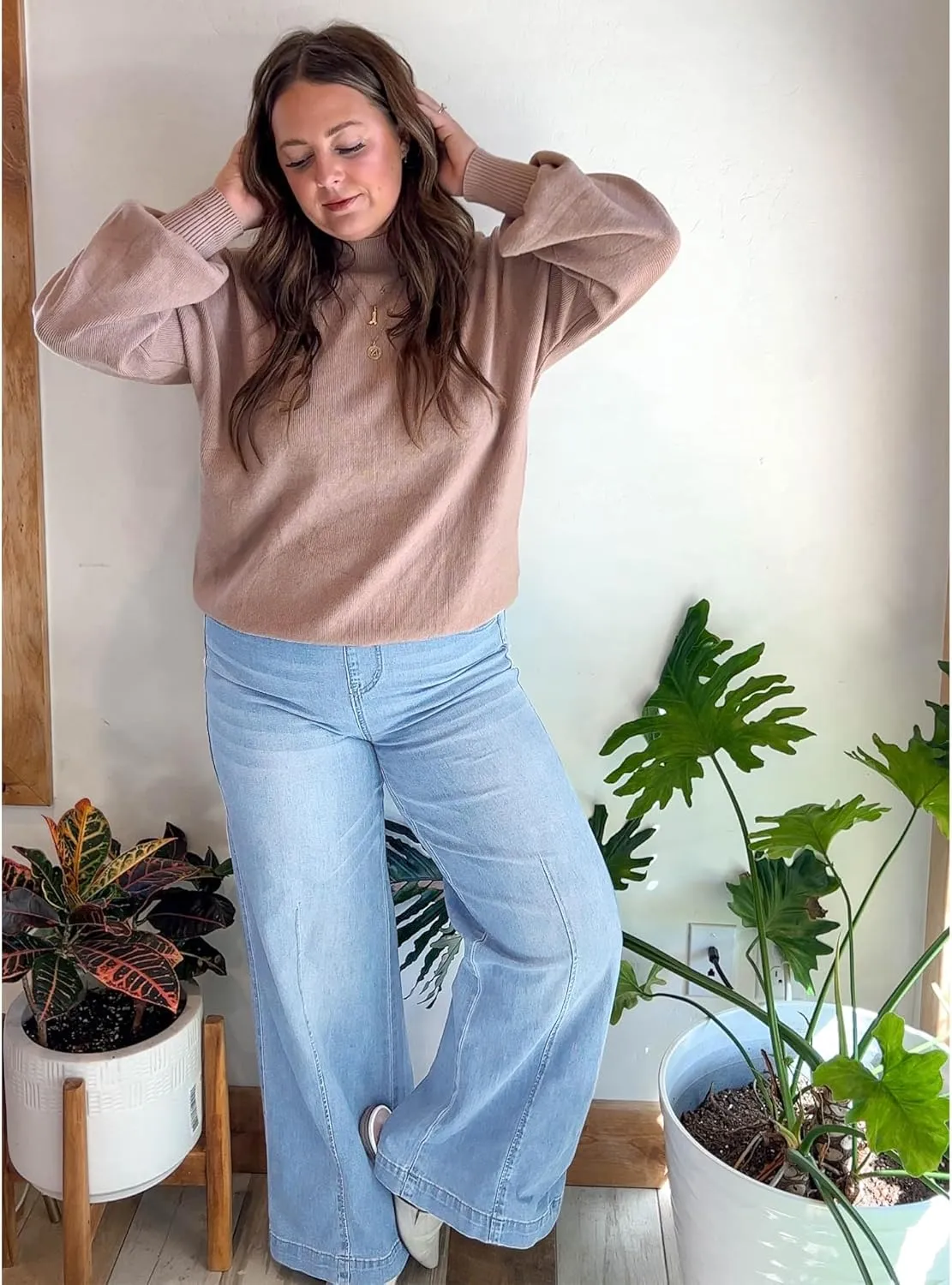 GRAPENT Pull On Womens Jeans Baggy Stretchy High Waisted Denim Wide Leg Trouser Pants Trendy Front Seam 90s Loose Jean