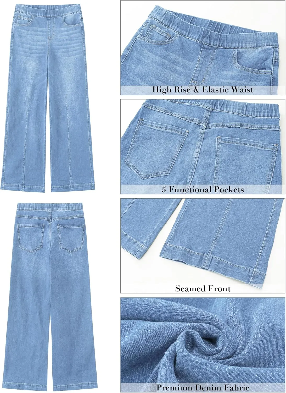 GRAPENT Pull On Womens Jeans Baggy Stretchy High Waisted Denim Wide Leg Trouser Pants Trendy Front Seam 90s Loose Jean