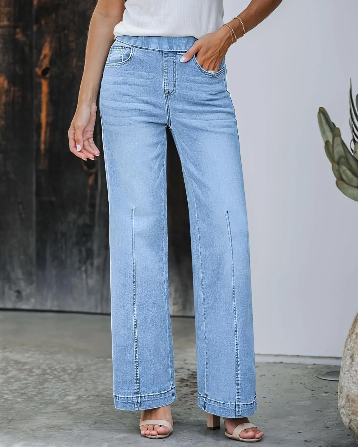GRAPENT Pull On Womens Jeans Baggy Stretchy High Waisted Denim Wide Leg Trouser Pants Trendy Front Seam 90s Loose Jean