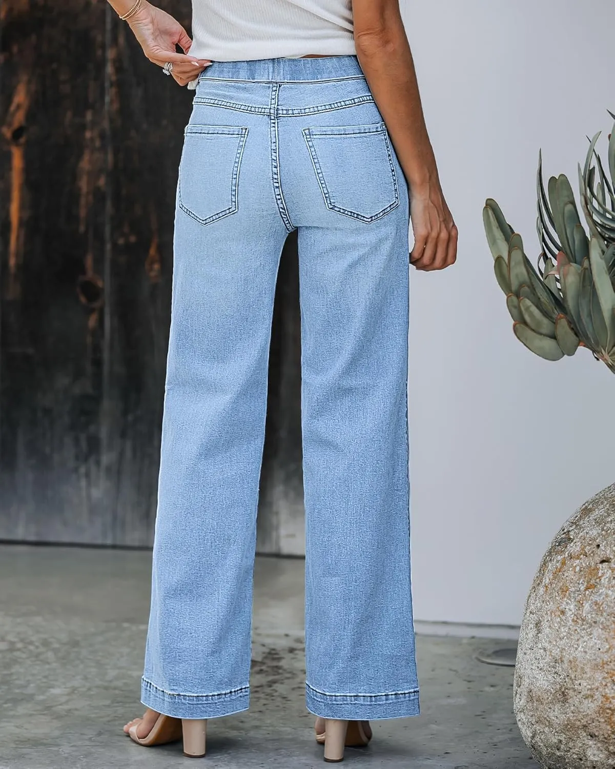 GRAPENT Pull On Womens Jeans Baggy Stretchy High Waisted Denim Wide Leg Trouser Pants Trendy Front Seam 90s Loose Jean