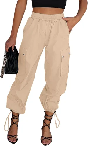 GRAPENT Womens Cargo Pants High Waisted Baggy Parachute Pants Elastic Waist Adjustable Drawstring Nylon Y2K Trousers