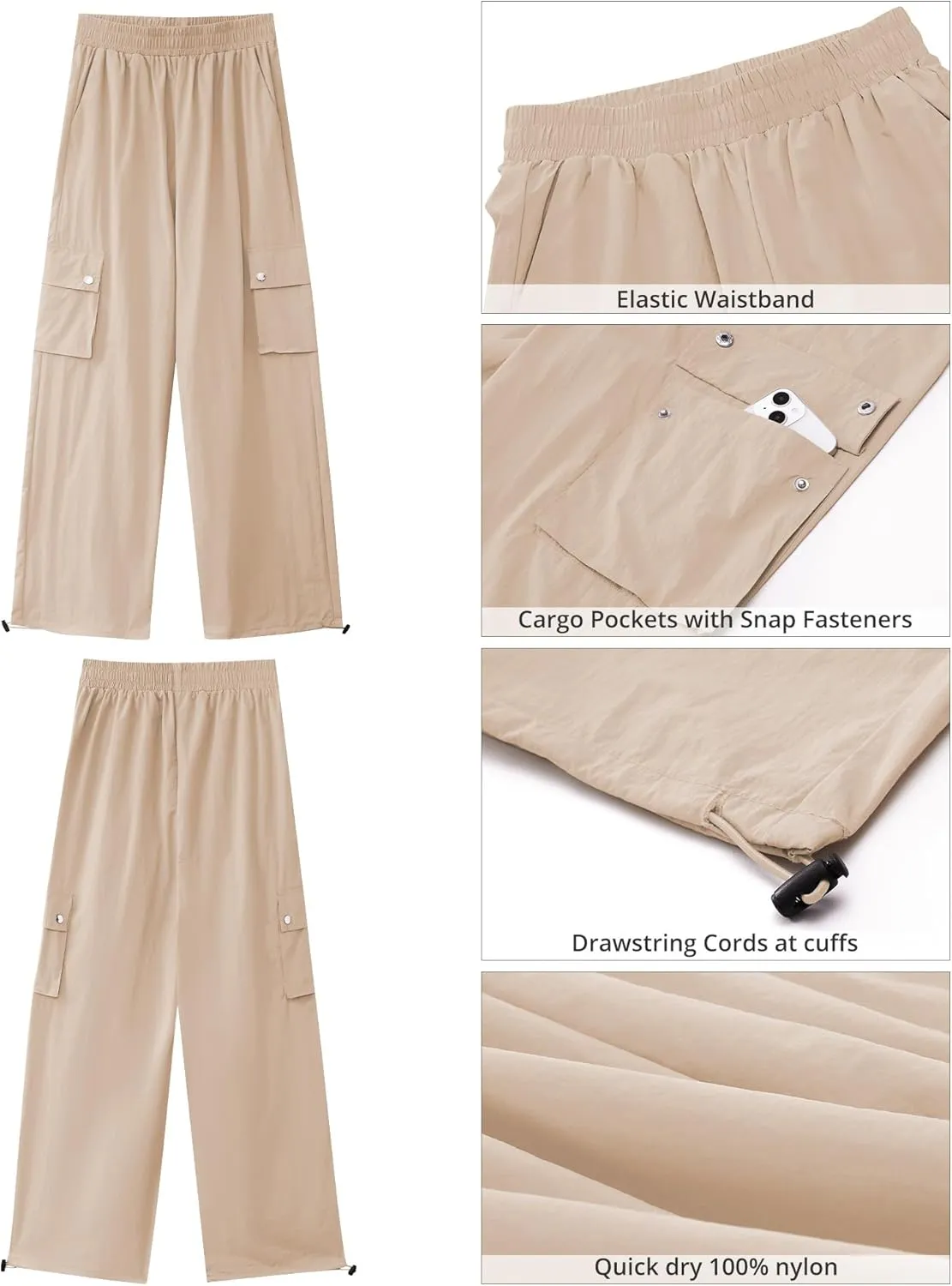 GRAPENT Womens Cargo Pants High Waisted Baggy Parachute Pants Elastic Waist Adjustable Drawstring Nylon Y2K Trousers