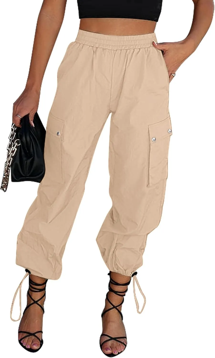 GRAPENT Womens Cargo Pants High Waisted Baggy Parachute Pants Elastic Waist Adjustable Drawstring Nylon Y2K Trousers