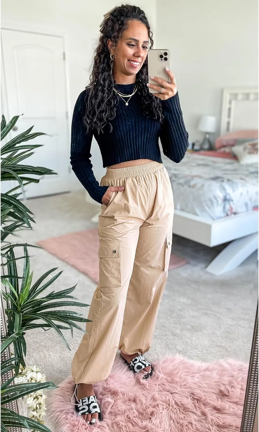 GRAPENT Womens Cargo Pants High Waisted Baggy Parachute Pants Elastic Waist Adjustable Drawstring Nylon Y2K Trousers