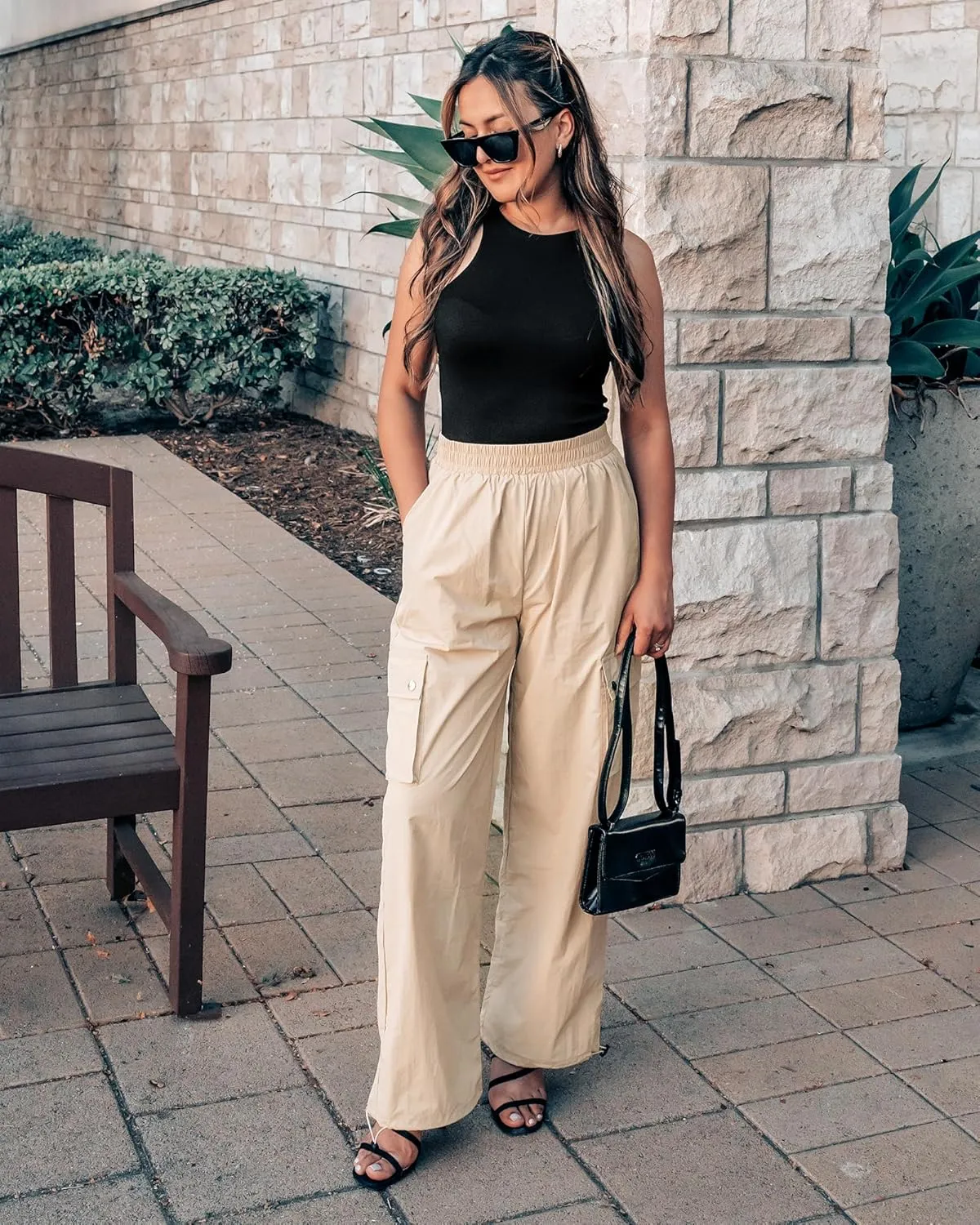 GRAPENT Womens Cargo Pants High Waisted Baggy Parachute Pants Elastic Waist Adjustable Drawstring Nylon Y2K Trousers