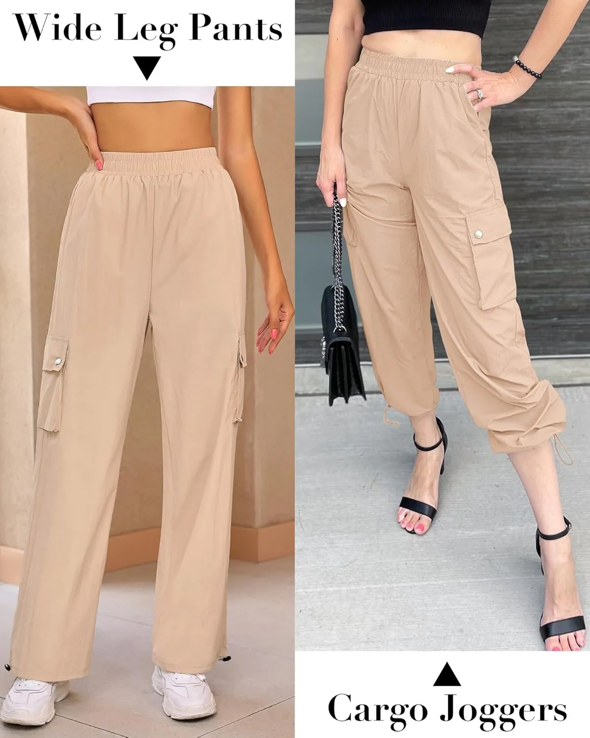 GRAPENT Womens Cargo Pants High Waisted Baggy Parachute Pants Elastic Waist Adjustable Drawstring Nylon Y2K Trousers