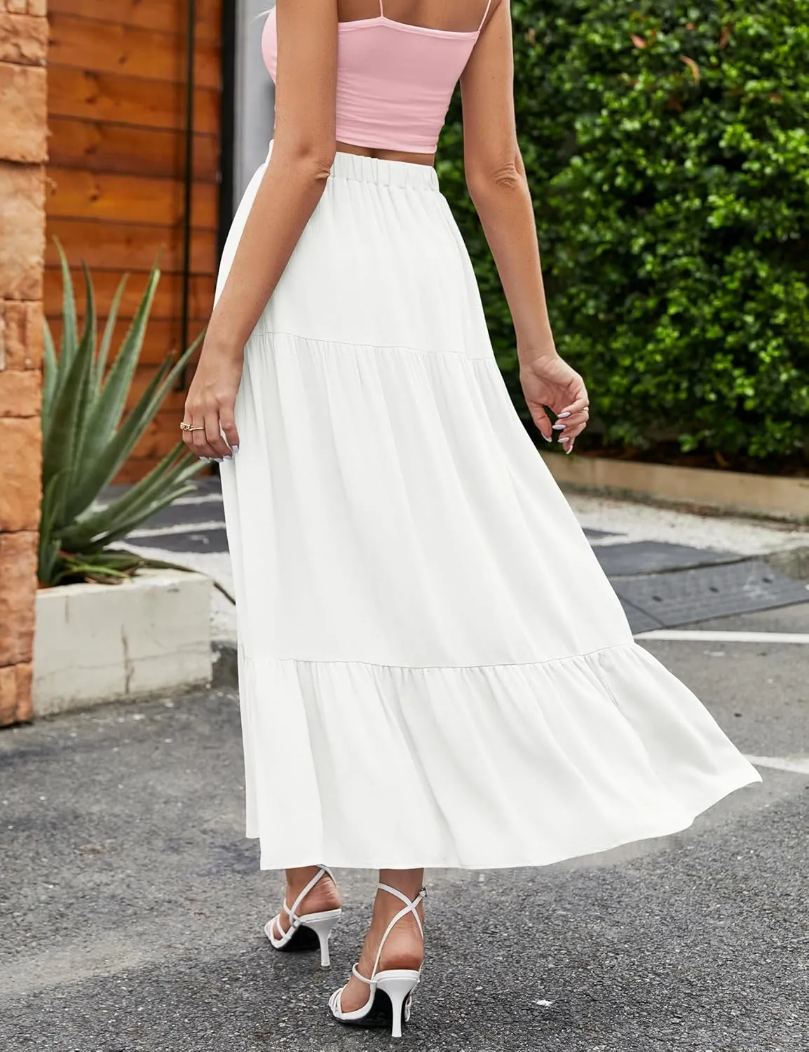 HAEOF Women's 2025 Summer Boho Flowy Maxi Skirt Trendy Slit Elastic High Waist A Line Beach Long Skirts with Pockets