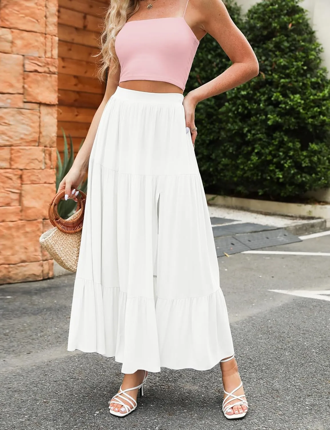 HAEOF Women's 2025 Summer Boho Flowy Maxi Skirt Trendy Slit Elastic High Waist A Line Beach Long Skirts with Pockets